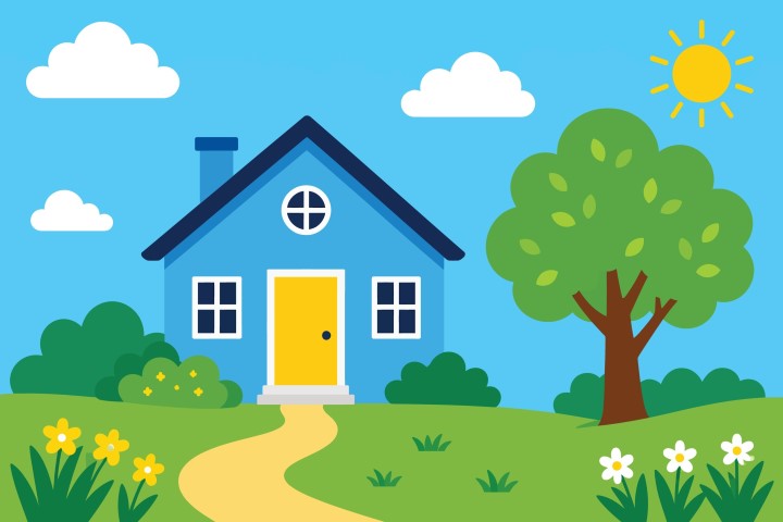 Cozy blue house in a peaceful sunny meadow.
