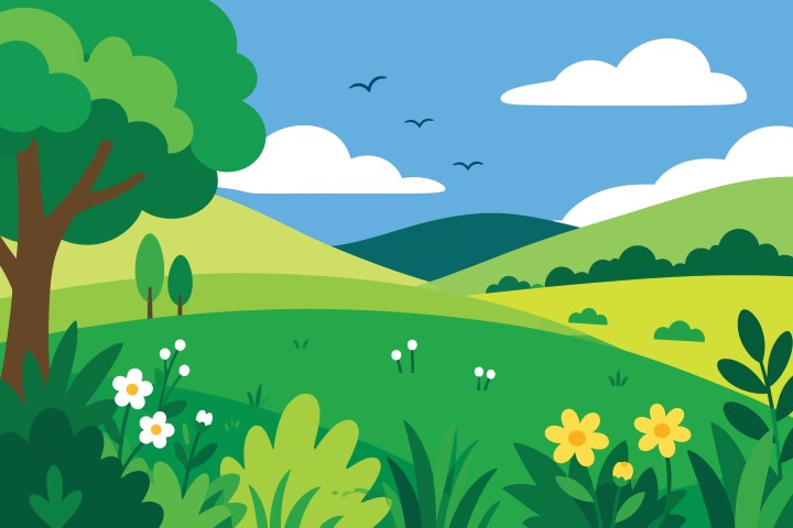 Beautiful rural nature landscape with rolling green hills and flowers.