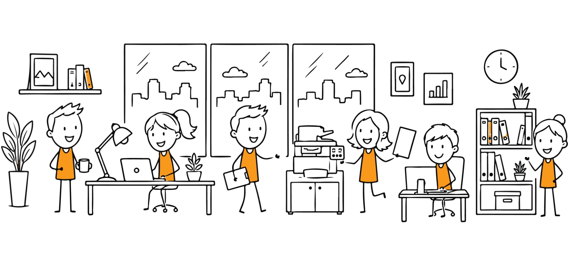 Busy office environment with employees working at their desks.