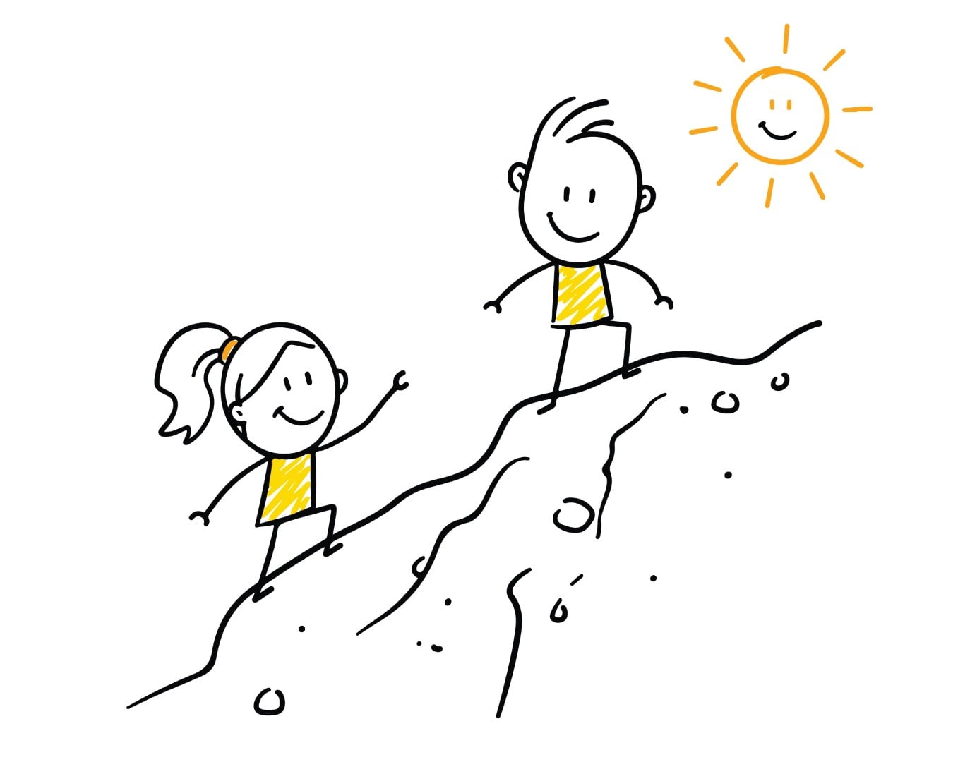 Happy couple climbing a high mountain together to reach the top peak.