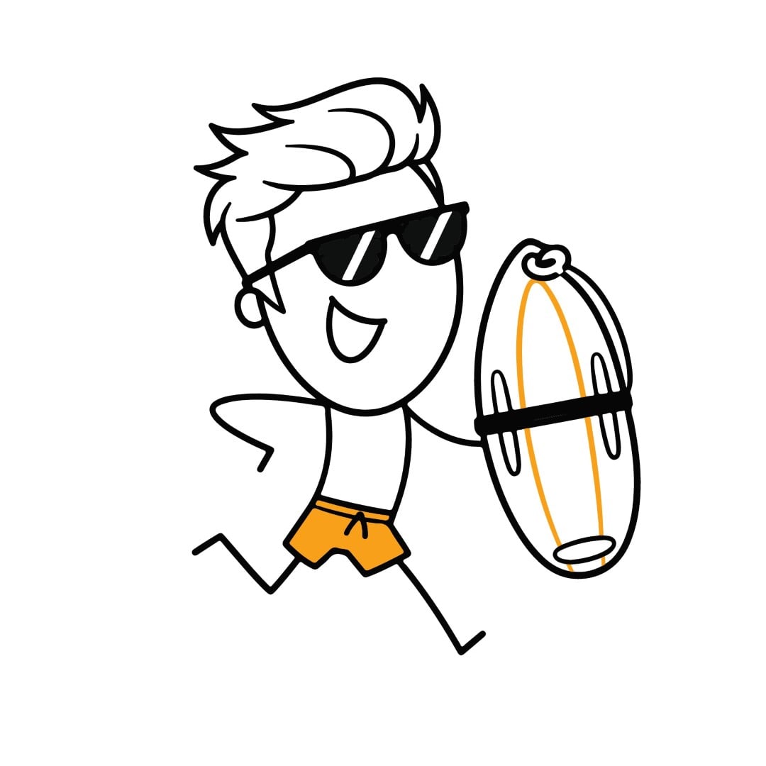 Cool man with sunglasses carrying a surfboard on the beach.