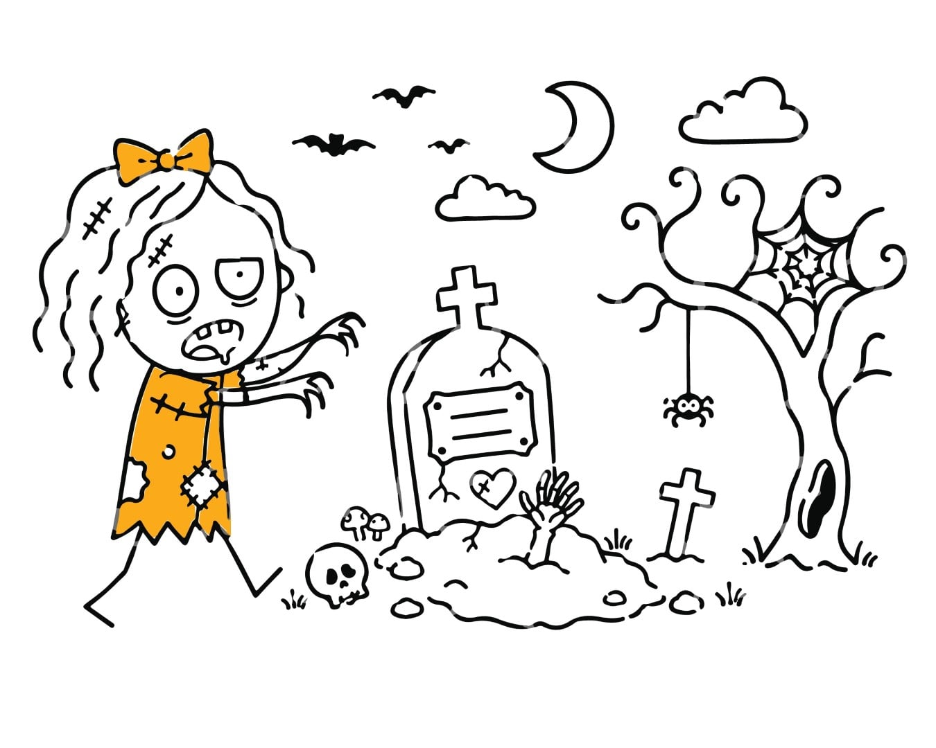 Funny zombie girl wandering in a spooky graveyard at night.