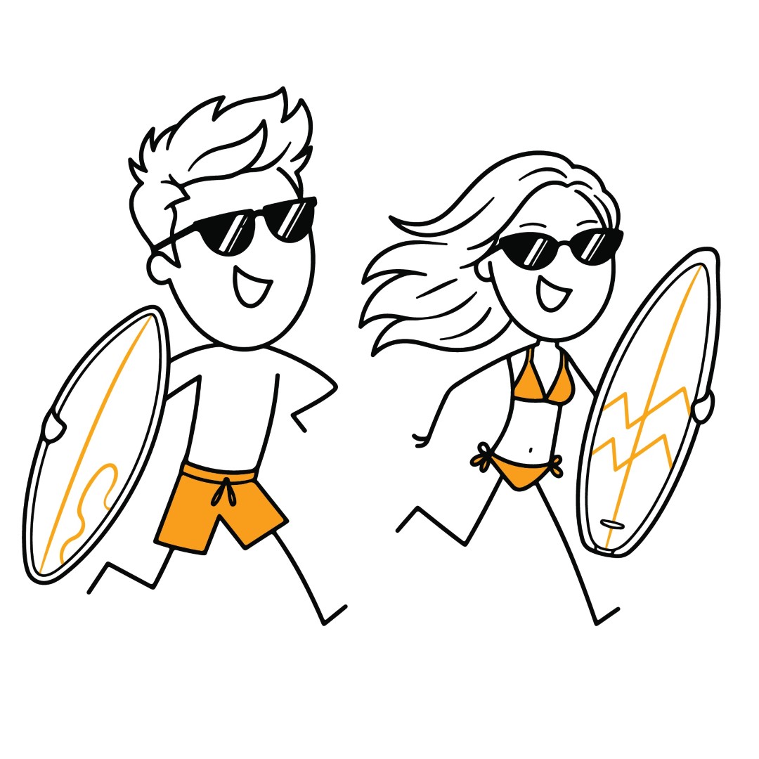 Happy couple running together with surfboards on a sunny beach.