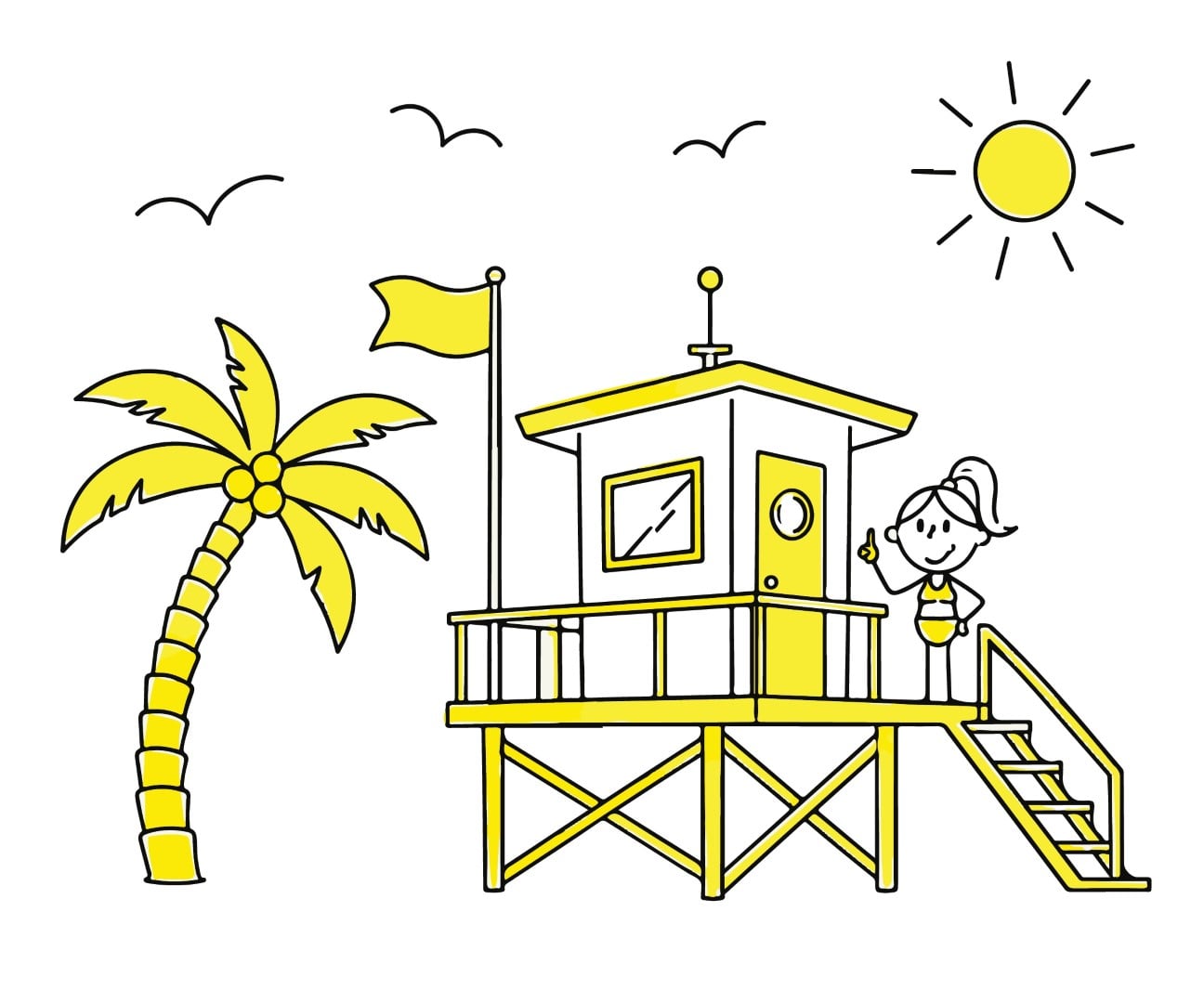 Summer holiday vacation at the beach with lifeguard station and palm tree.