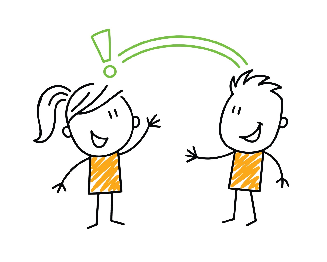 Two happy friends communicating and sharing creative ideas with green arrow symbol.