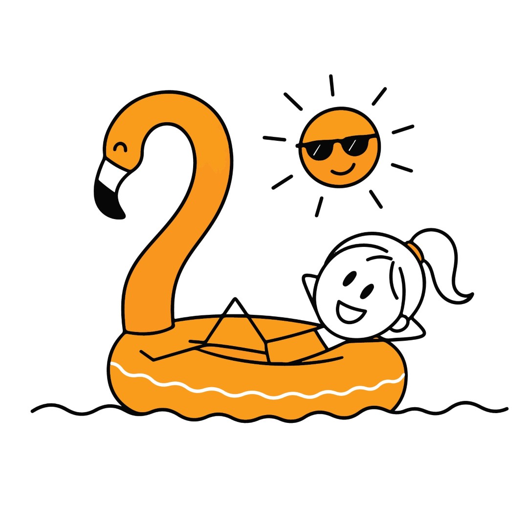 Happy woman relaxing on a large swan shaped inflatable float in the sea.