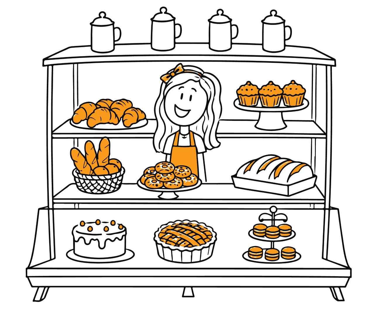 Baker woman showing fresh bread and pastries in a traditional bakery shop.