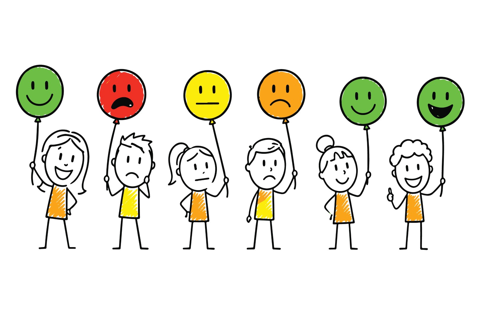 Team of people holding different colored emotion signs from sad to happy.