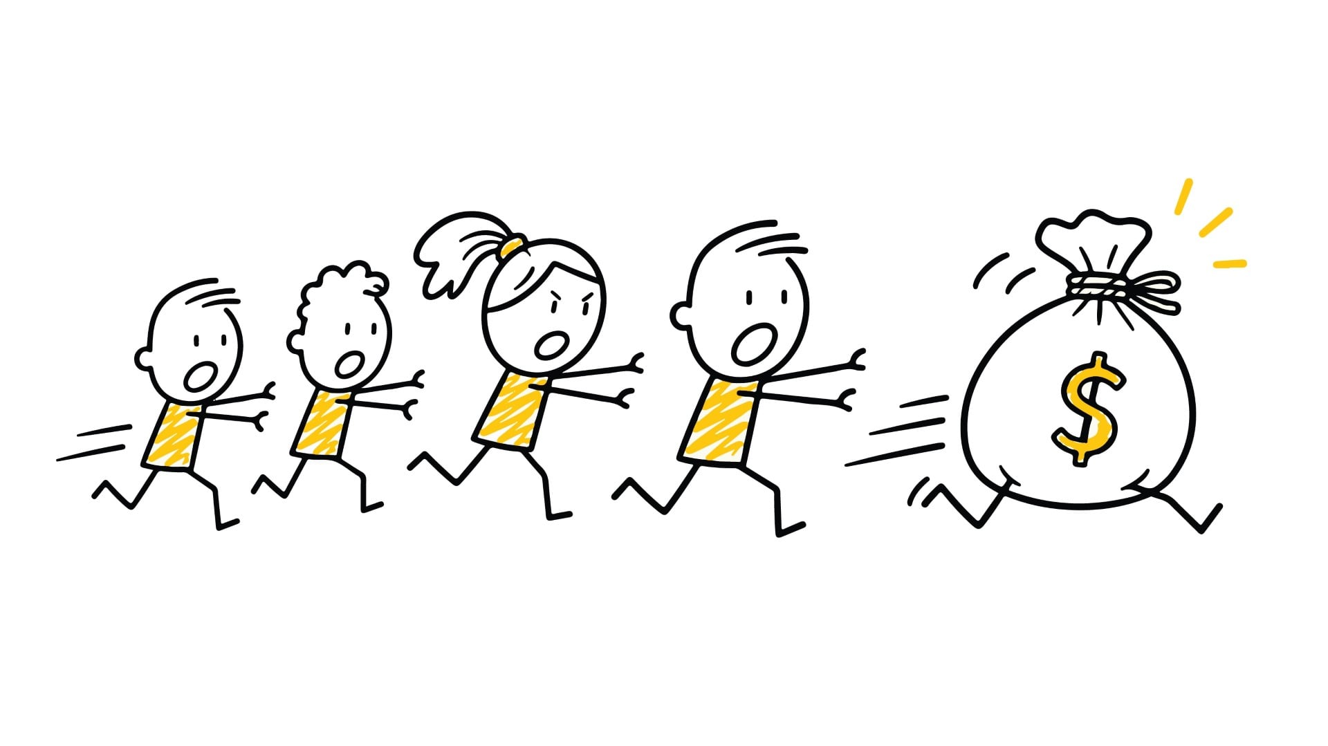 Group of business people running together to catch a fast moving money coin.