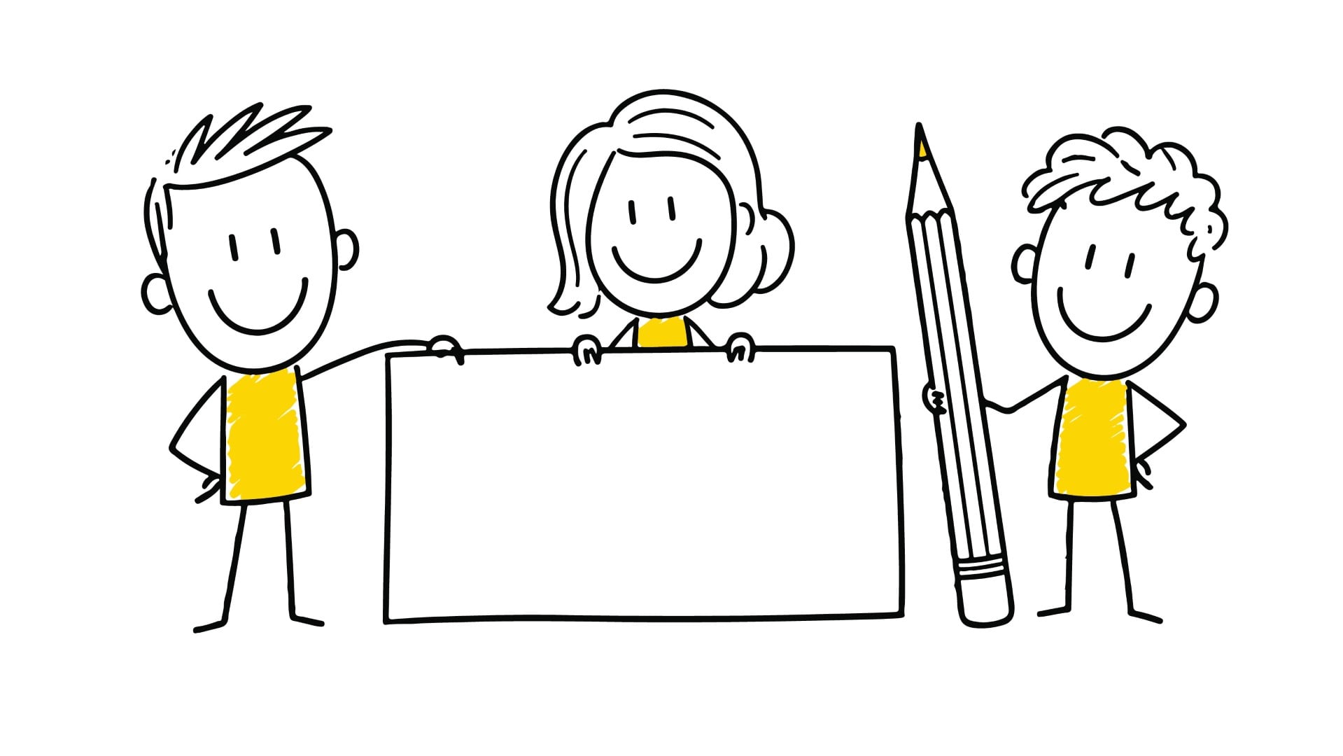 Team of professionals presenting a large blank white board for text copy space.