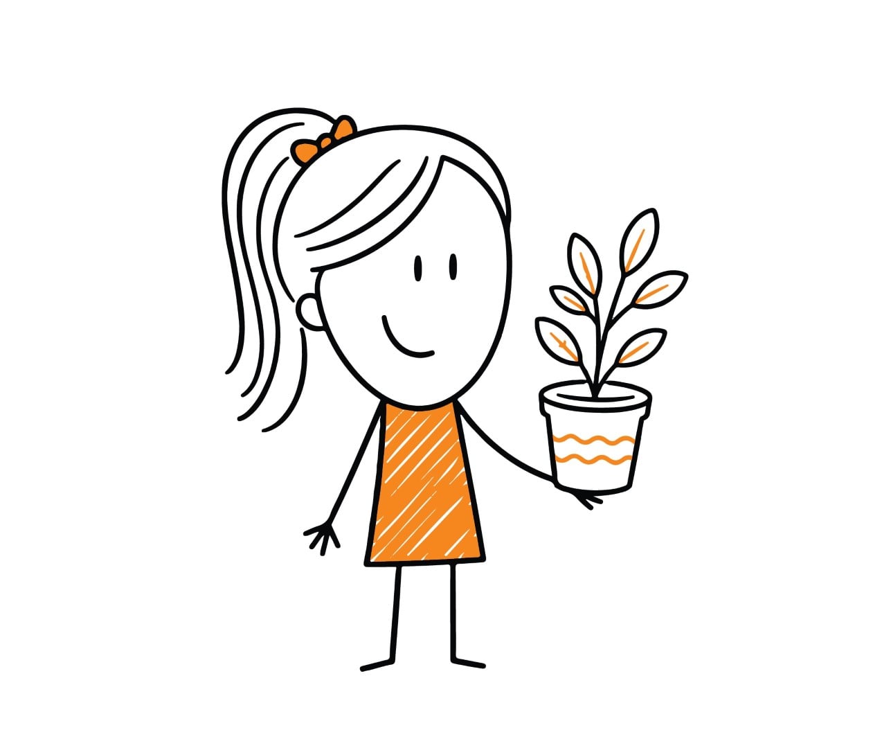 Smiling woman holding a small green plant in a pot representing growth.