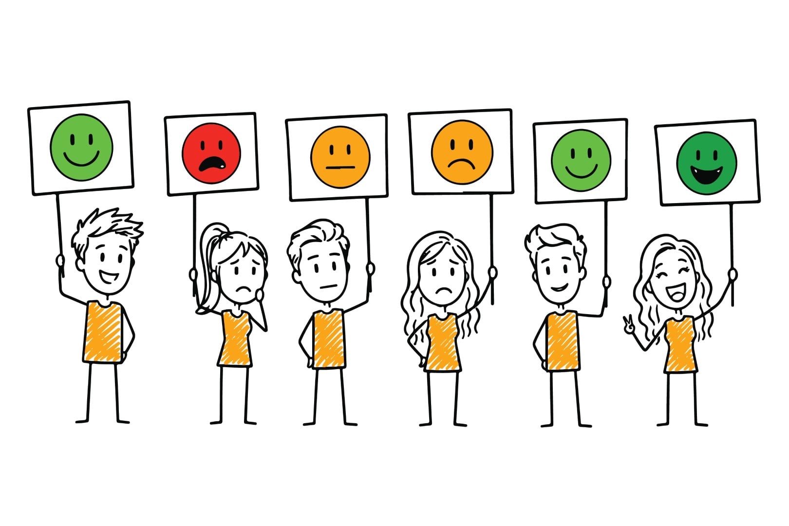 Survey team holding different facial expression icons to measure satisfaction.