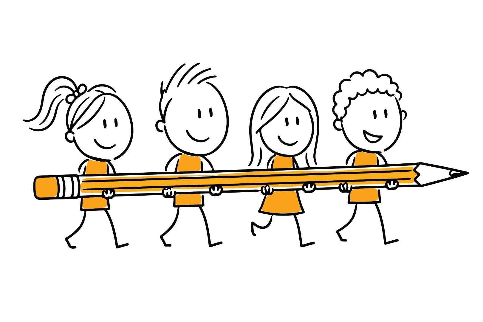 Group of students holding a huge pencil for a shared project.