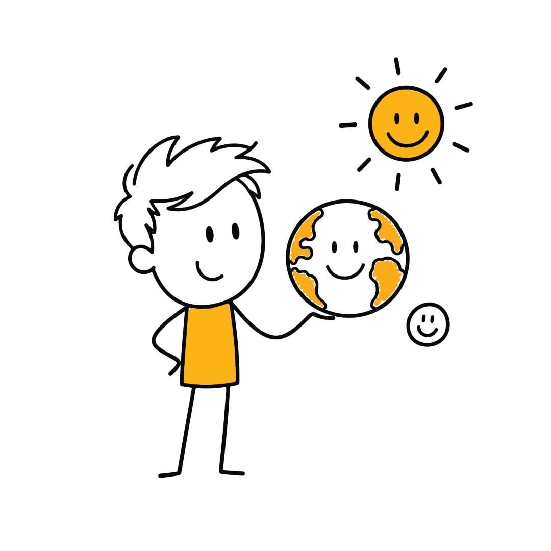 Young man holding a globe with a smiling sun above.