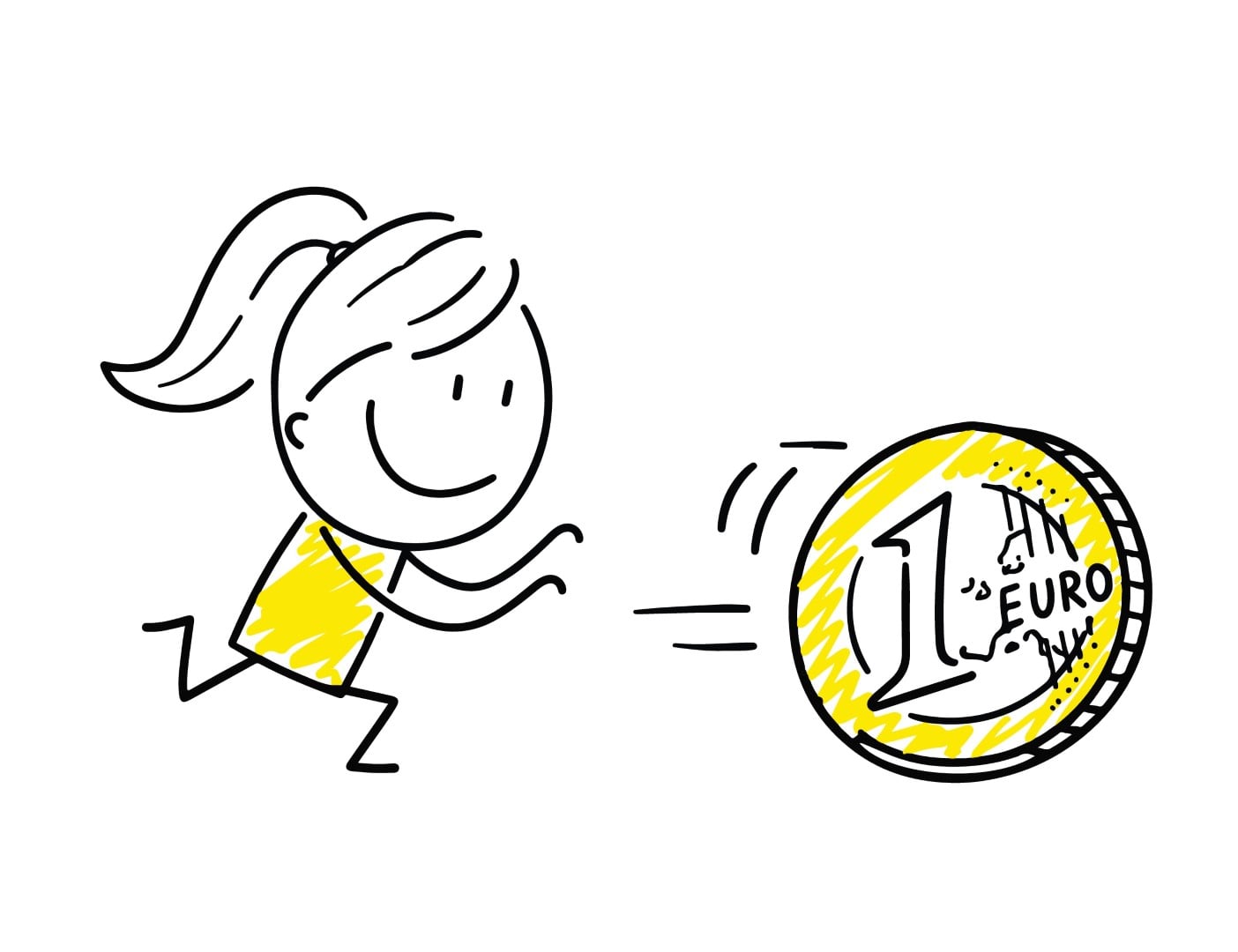 Energetic woman running fast while chasing a giant golden coin.
