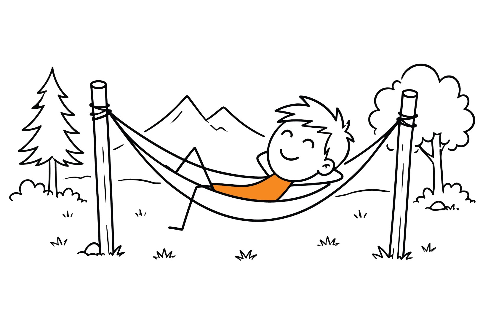 Man lying in a hammock between two poles in nature.