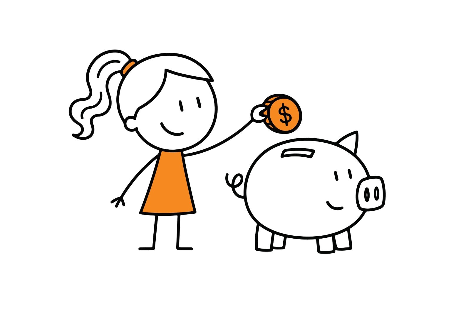 Woman putting a gold coin into a piggy bank.