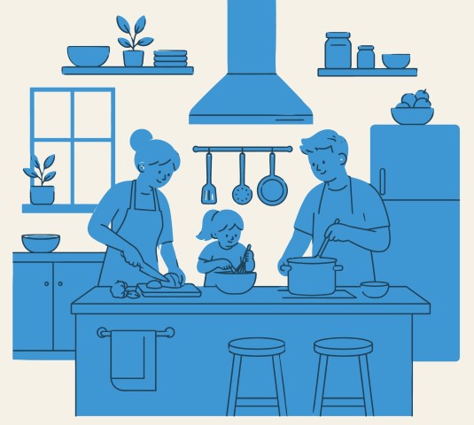 Family cooking together in a modern kitchen scene.