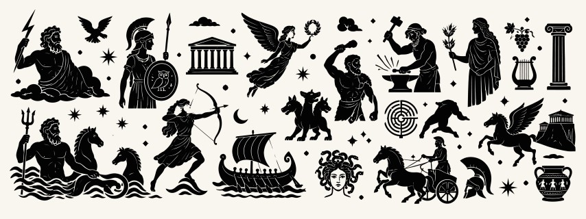 Ancient greek mythological black icon set.