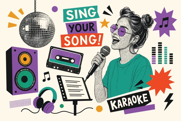 Karaoke concept composition with singing girl and musical elements.