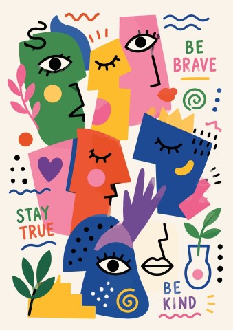 Abstract faces with motivational quotes.