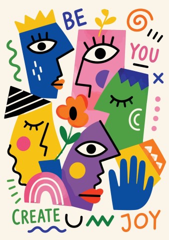 Colorful abstract faces and creative symbols composition.