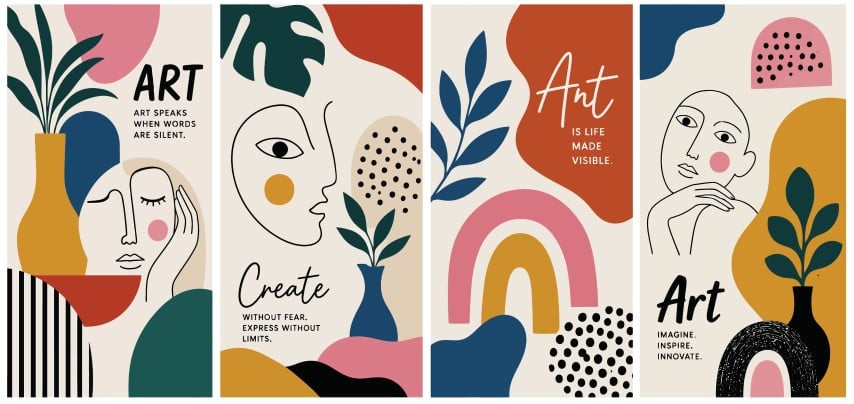 Contemporary art posters collection featuring abstract faces and inspirational quotes.