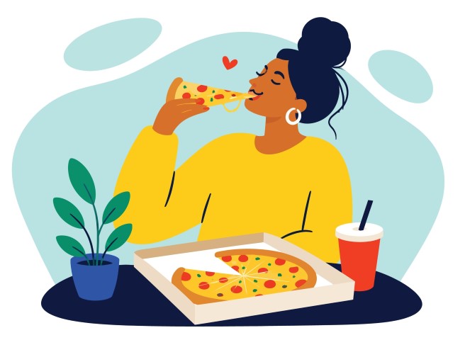 Young woman enjoying a delicious pizza meal alone at home.