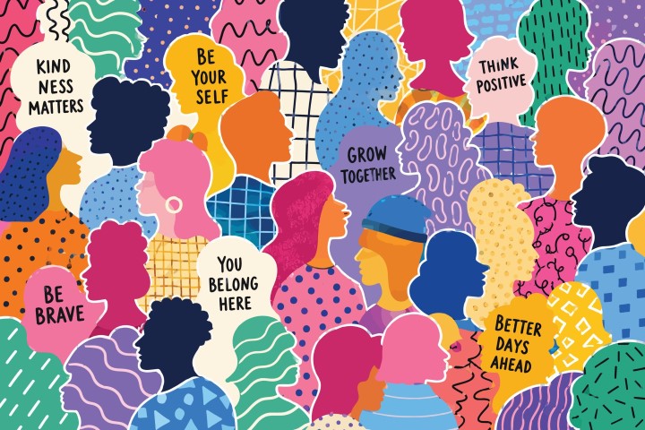 Abstract diverse people group connected by positive messages.