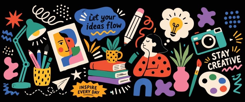 Creative workspace elements and stationery collection.