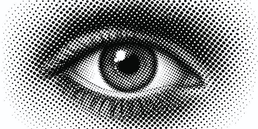 Black and white halftone eye pattern background.