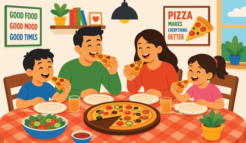 Happy family having pizza dinner at home.