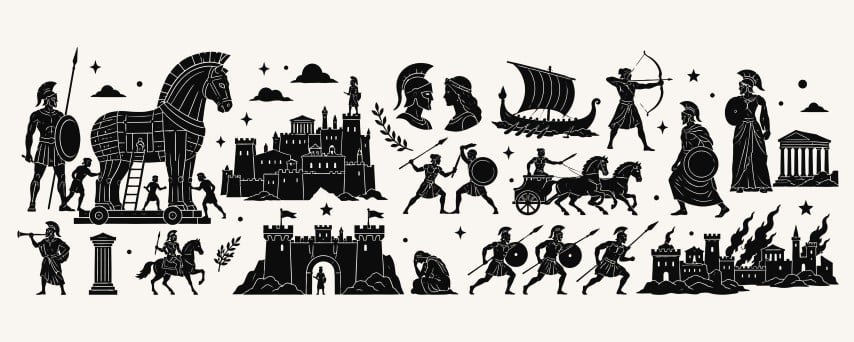 Ancient Trojan war historical scenes and architectural silhouettes.