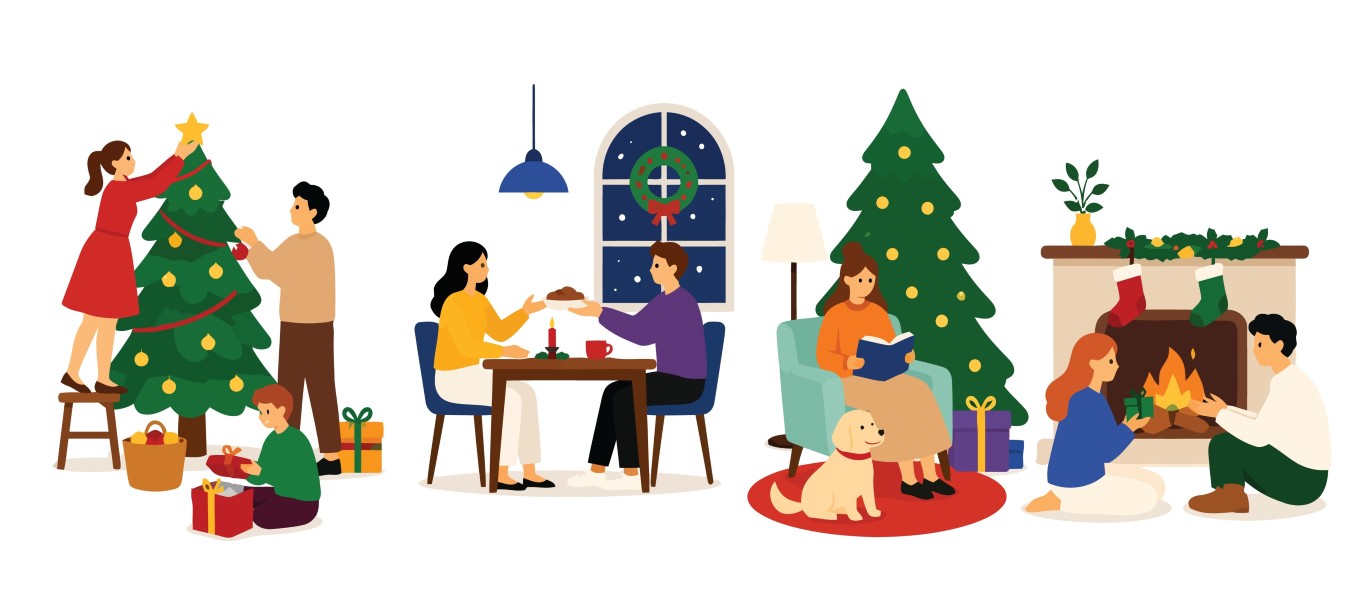 Family celebrating Christmas with tree decorating, sharing food, reading, and gathering by the fireplace.