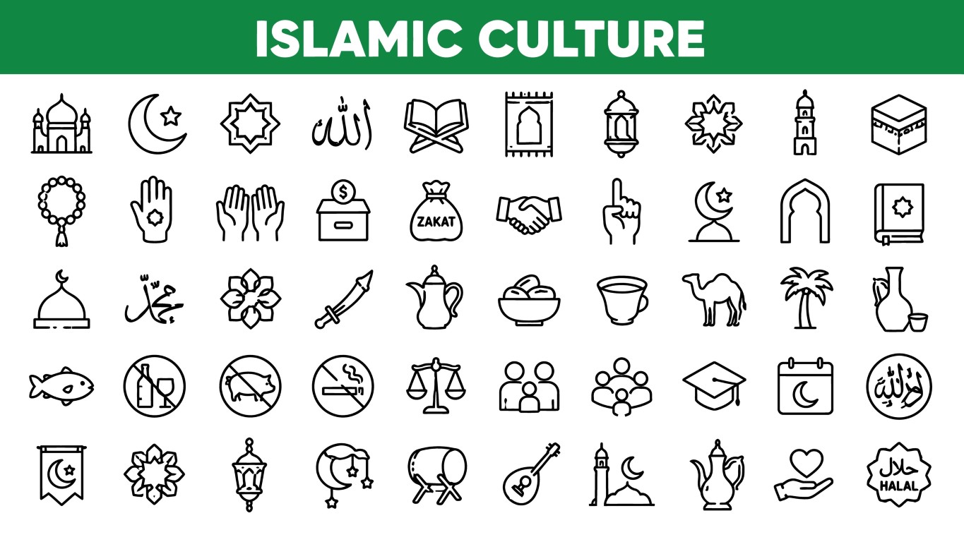 Islamic culture and Muslim tradition heritage icon set.