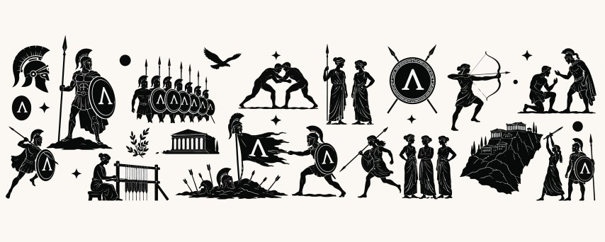Ancient Greek mythological warriors and historical life scenes collection.