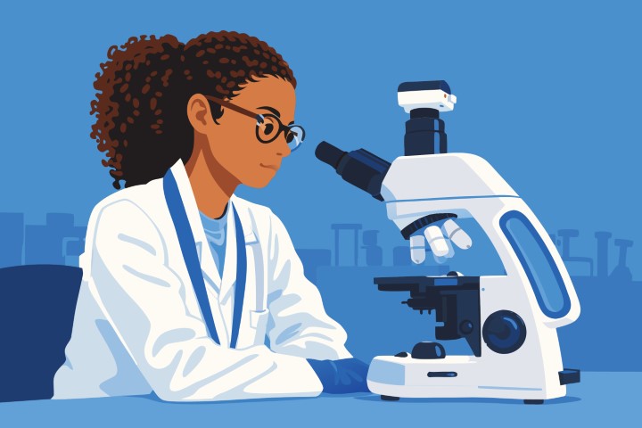 Scientist researcher looking through microscope in modern laboratory setting.