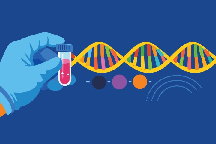 Hand holding test tube with double helix DNA strand against blue background.