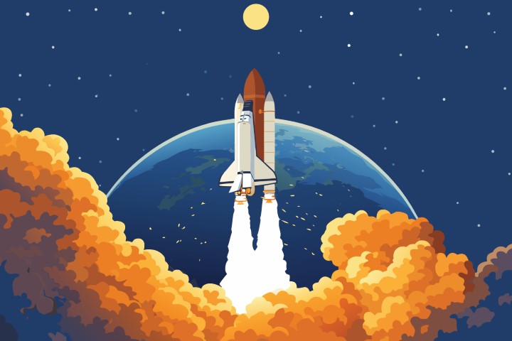 Space shuttle launching from earth into deep space with glowing engines.