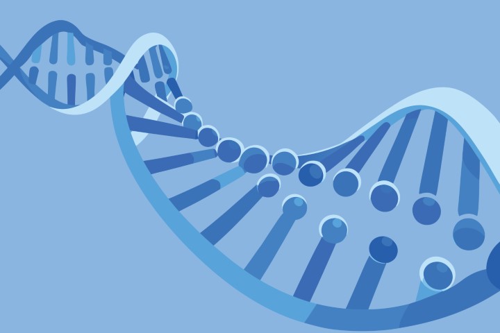 Abstract DNA double helix structure on blue scientific background.