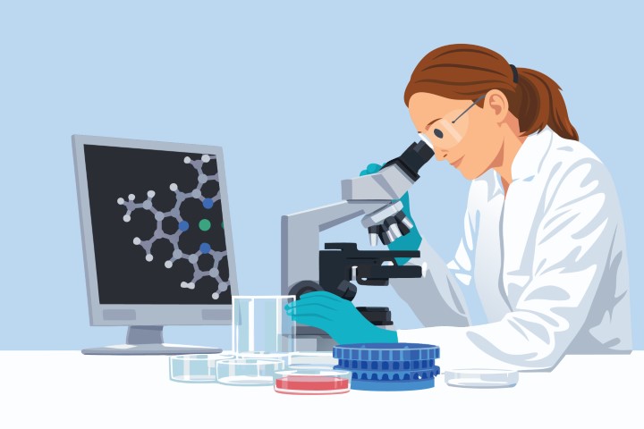 Female scientist examining molecular data on computer in research laboratory.