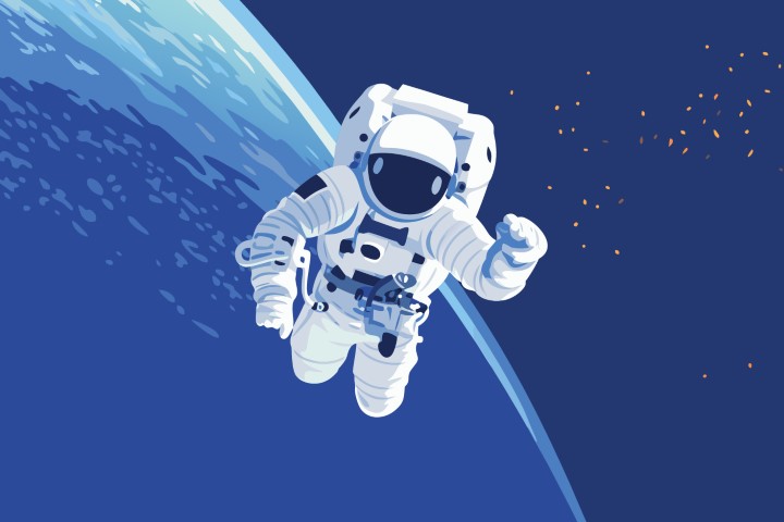 Astronaut floating in outer space against blue planet and stars background.