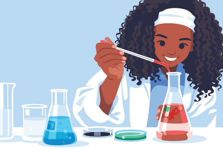Scientist mixing colorful chemical solutions in professional laboratory environment.