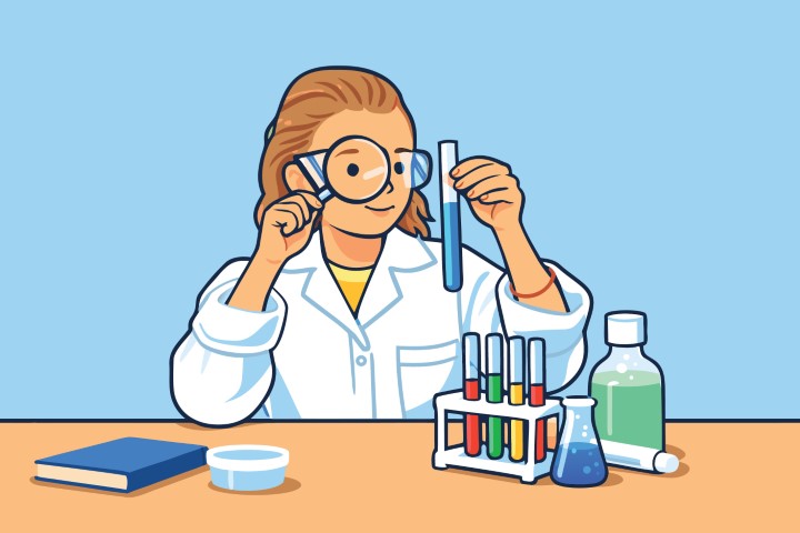 Professional woman analyzing chemical test tubes in clean laboratory setting.