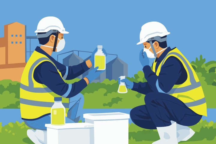 Two workers in safety gear and helmets collecting water samples from a lake.
