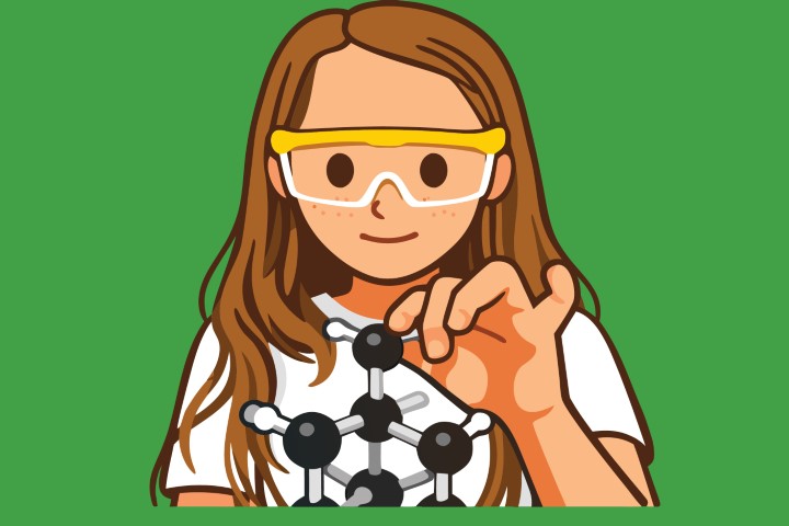Young female student holding molecular model for chemistry education.