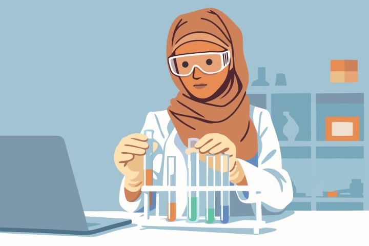 Scientist wearing hijab working with chemical test tubes in modern office.