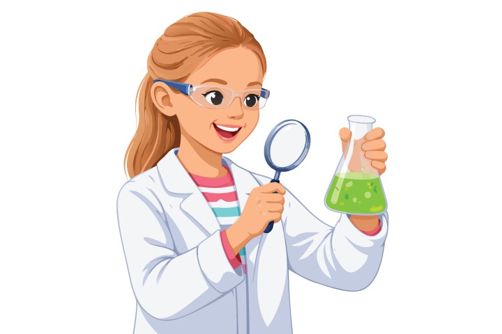 School girl in lab coat holding a magnifying glass and a flask during a science lesson.