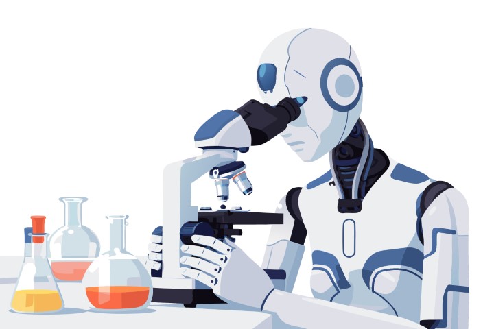 Humanoid robot works in a laboratory with scientific glass equipment.