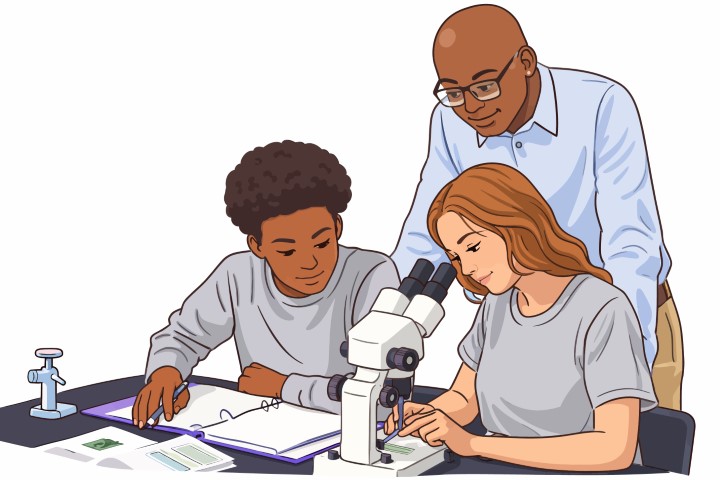 Hardworking team carefully taking notes of experiment results in the science lab.